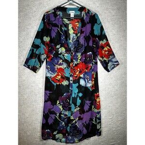 Vicki Wayne Floral Print Size 8 Shell Dress Semi Sheer Button Up